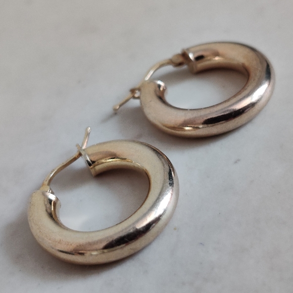 Gold over Silver 925 Puffed Hoops Earrings - Picture 6 of 13